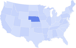 Map of the United States with one state in the Great Plains highlighted in a darker blue, indicating Nebraska in the central-northern region.