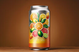 Close-up of a colorful beverage can featuring illustrated citrus fruits with water droplets on a warm brown background.
