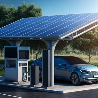 Modern electric car charging under a solar-panel canopy at a clean outdoor station.