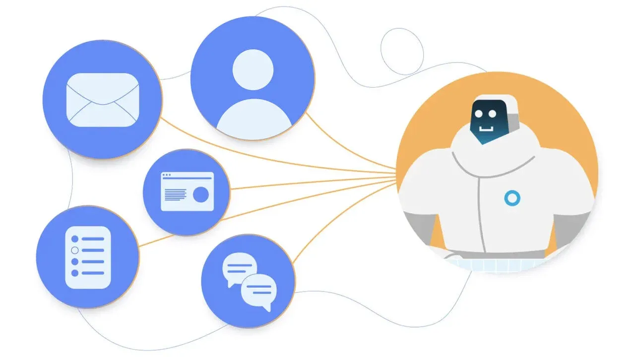 Illustration of a friendly robot connected to various communication icons such as email, user profile, webpage, checklist, and chat bubbles.