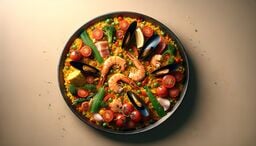 Colorful seafood paella in a wide pan, topped with shrimp, mussels, cherry tomatoes, peas, and assorted vegetables on a neutral background.