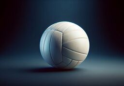Close-up of a white volleyball on a dark gradient background with soft spotlighting.