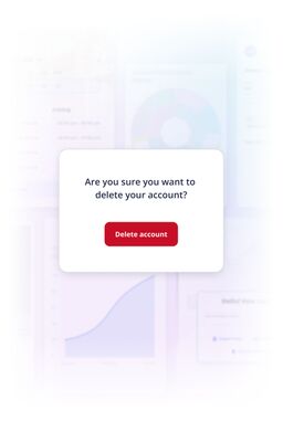 Confirmation dialog with a red Delete account button centered on a blurred app dashboard background.