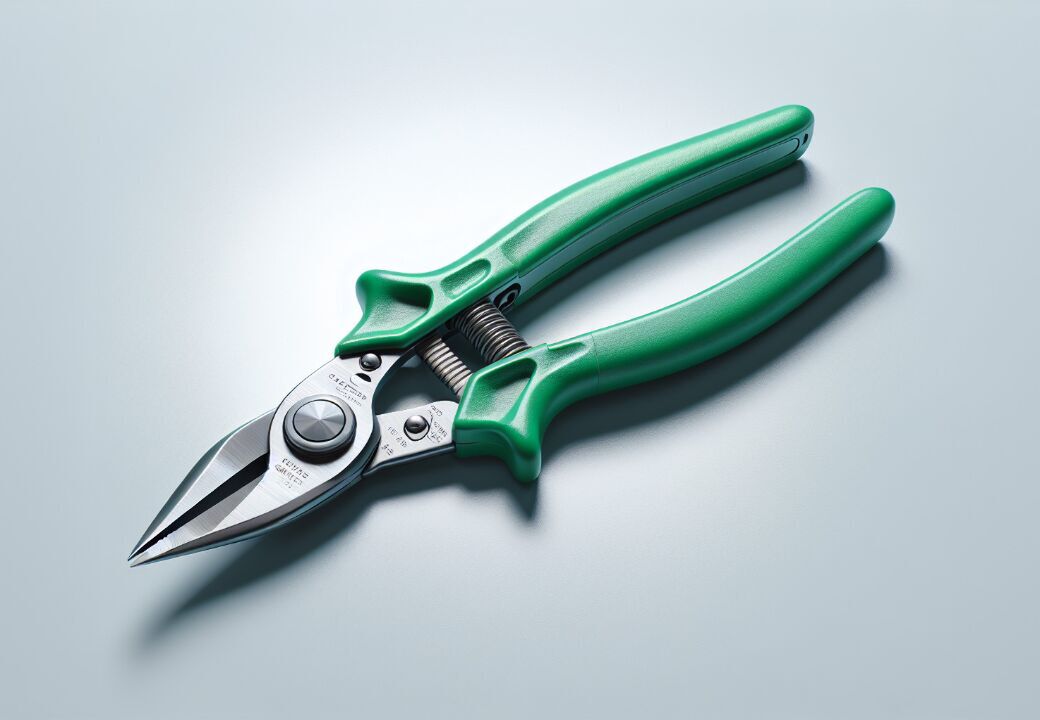 Close-up of green-handled metal snips on a light gray surface