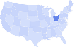 Map of the United States with the state of Ohio highlighted in a darker blue in the Midwest region.