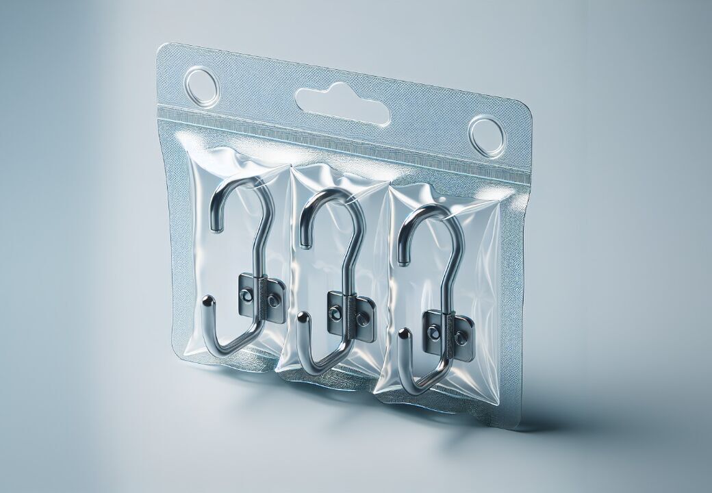 Blister pack containing three metal S-shaped hooks mounted on small plates with screws, sealed in clear plastic against a light gray background.