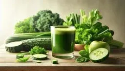 Glass of green juice on a wooden table surrounded by cucumber slices, green apple, kale, celery, and fresh herbs