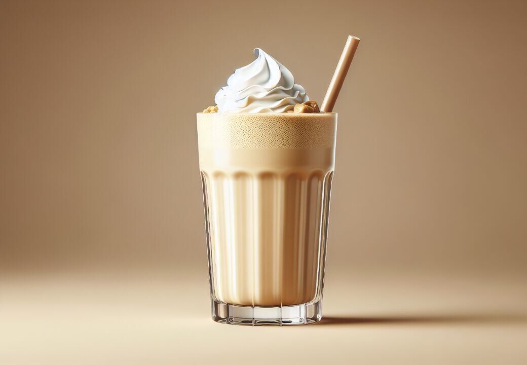 Iced caramel coffee topped with whipped cream in a clear ridged glass with a straw