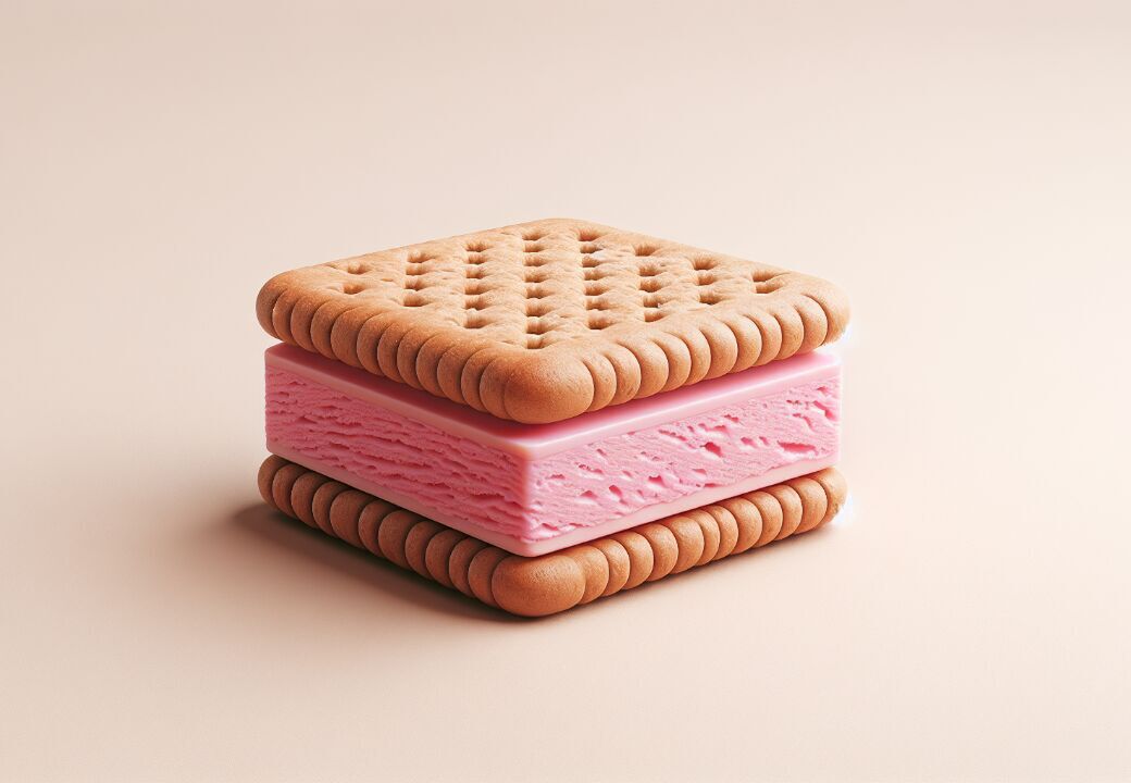 Square strawberry ice cream sandwich with two golden biscuits on a soft beige background.