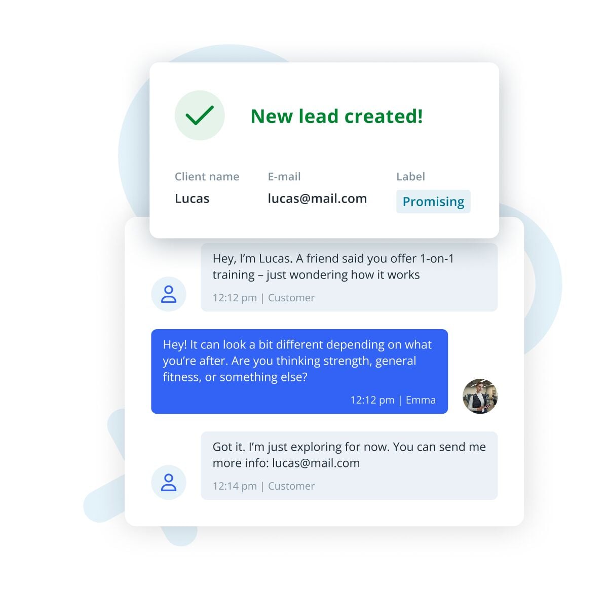 Interface mockup showing a new lead notification and a chat conversation between a customer named Lucas and an agent named Emma.