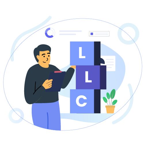 Illustration of a person assembling blocks labeled L, L, and C, symbolizing an LLC, while holding a clipboard.