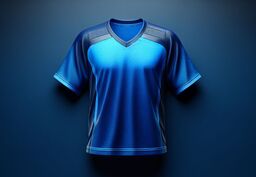 Blue athletic short-sleeve jersey with V-neck displayed against a dark blue gradient background.