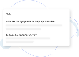 Minimalist FAQ card UI with two questions and placeholder answer lines on a light background with abstract blue curves.
