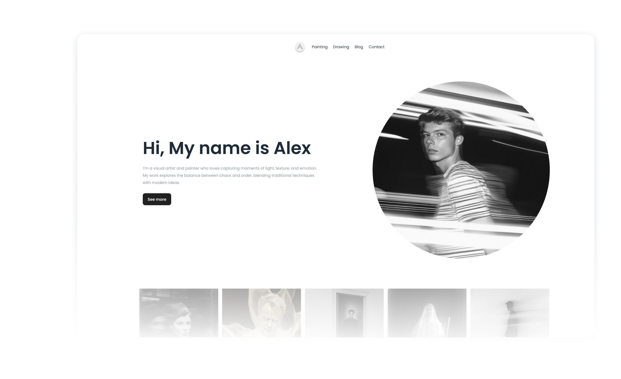 Minimal portfolio webpage hero with bold greeting, circular black‑and‑white portrait, and navigation links.