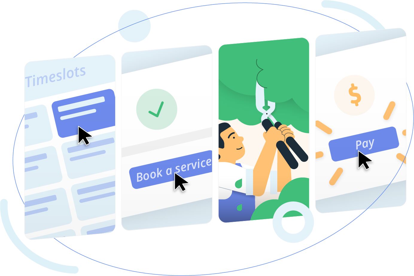 Illustration of a service booking flow on mobile screens: choose timeslots, book a service, a worker trimming a tree, and pay.