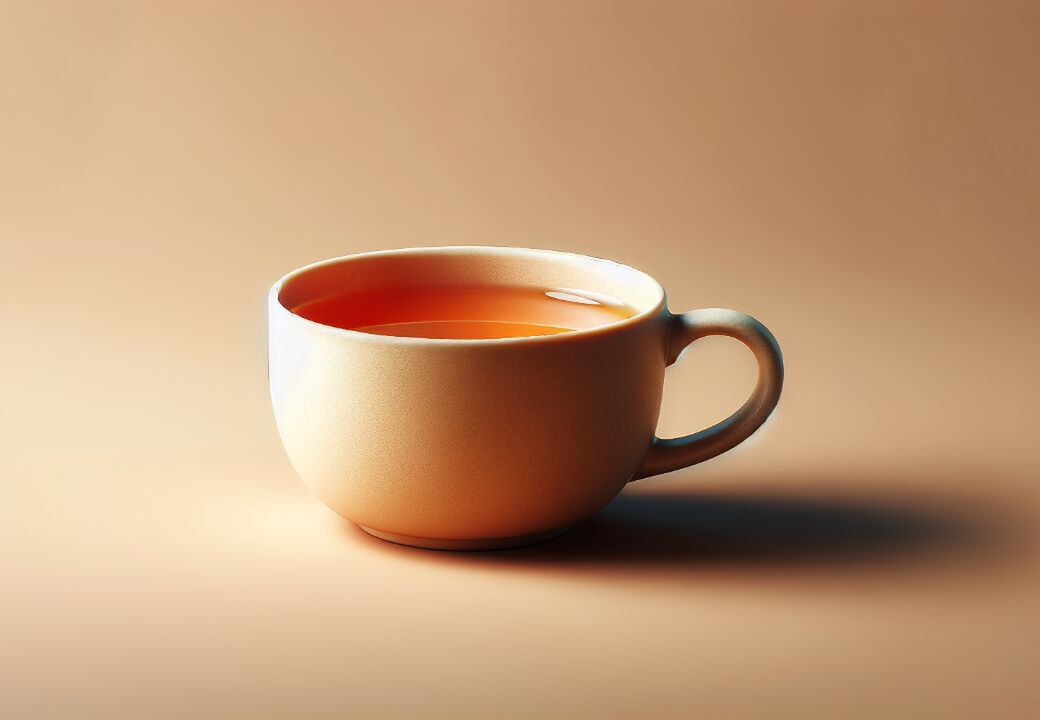 Warm-toned ceramic cup filled with amber tea on a soft beige background, lit from the left creating a smooth shadow.