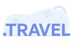 Large blue text reading .TRAVEL with abstract travel-themed shapes in soft light blue behind it.