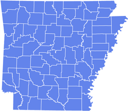 Blue outline map of Arkansas showing all county boundaries without labels.