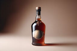 Elegant amber liquor bottle with ornate label on a warm gradient background, studio product shot