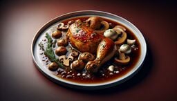 Glistening roast chicken leg served in rich brown sauce with whole and sliced mushrooms, garlic cloves, rosemary sprigs, and herbs on a modern white plate.