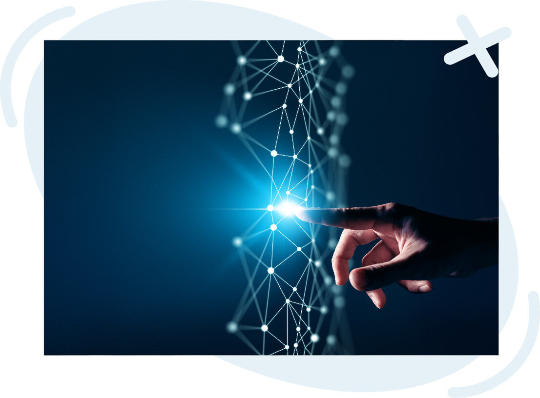 Hand touching a glowing point on a digital network of connected nodes against a dark blue background.