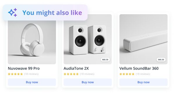 Product recommendation card showing three audio devices with ratings and buy buttons