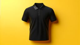 Black polo shirt displayed against a bright yellow background.