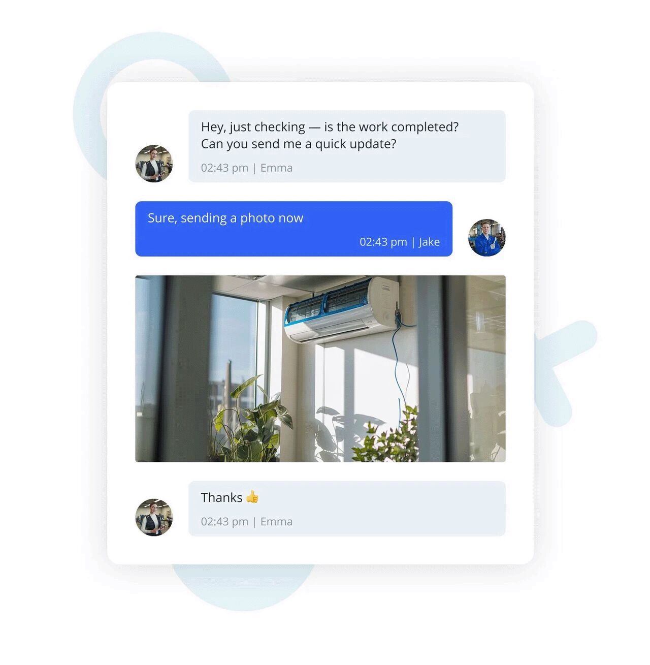 Mockup of a messaging app conversation with photo sharing and timestamps.
