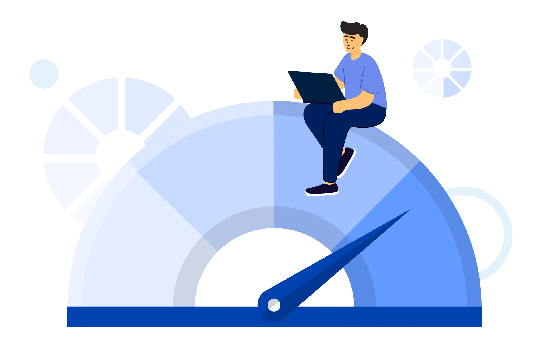 Illustration of a person sitting on a large speedometer gauge while working on a laptop, symbolizing website performance and speed optimization.