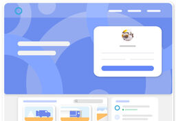 Illustration of a modern web dashboard interface with a blue abstract background, navigation pills, and a floating profile card featuring an avatar, text lines, and a call-to-action button. Below, card-style content tiles and widgets are arranged in a cle