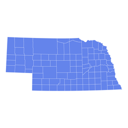 Blank blue map of Nebraska showing county boundaries on a white background.
