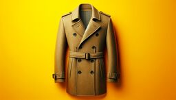 Camel-colored wool trench coat with belt and double-breasted buttons on a bright yellow background