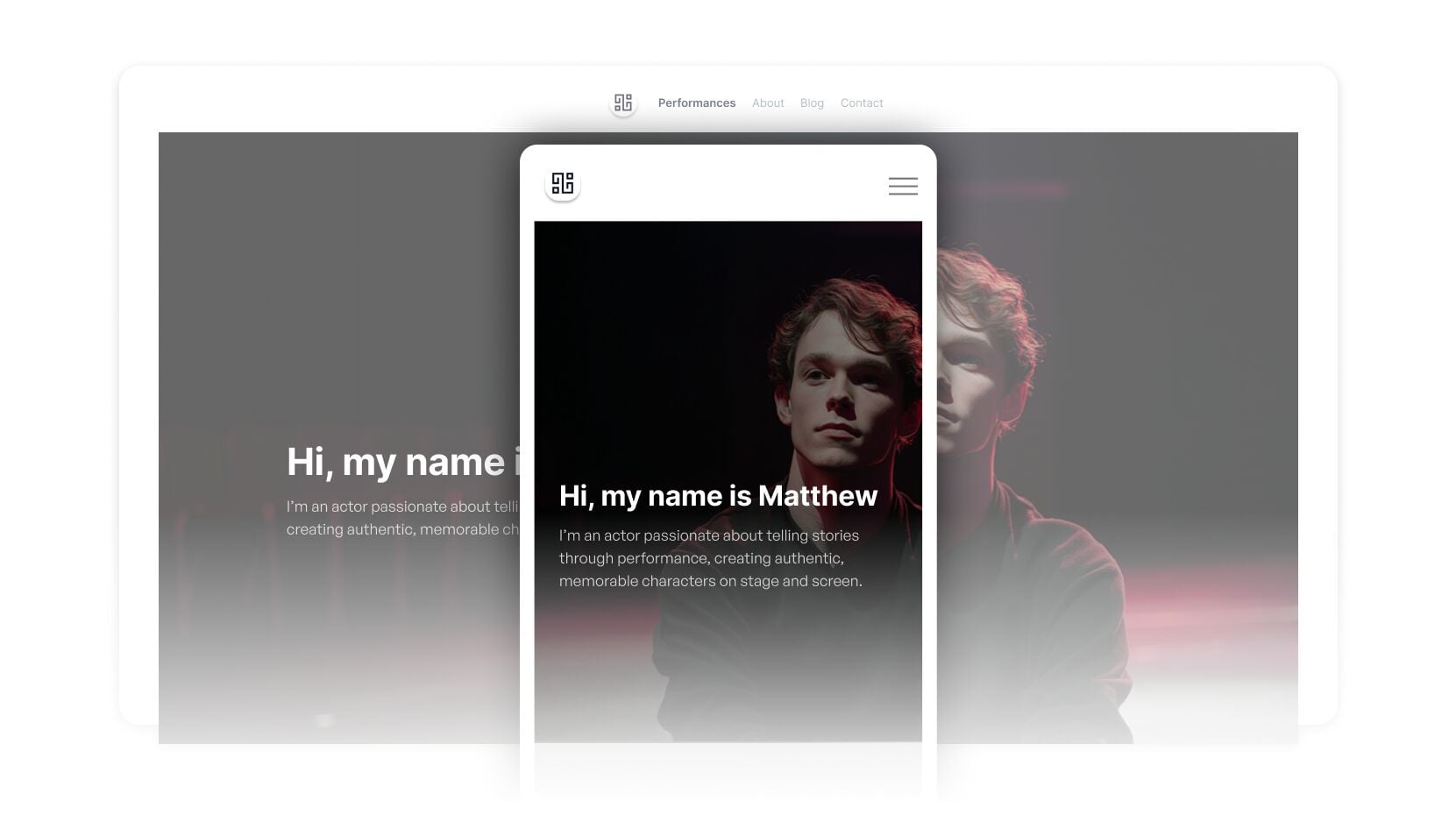 Portfolio website mockup showing desktop and mobile views with a hero section featuring a young person under dramatic lighting and the heading 'Hi, my name is Matthew.'