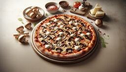 Close-up of a freshly baked mushroom pizza on a wooden board, surrounded by fresh ingredients like button mushrooms, tomato sauce, cheese wedges, tomatoes, and spices on a neutral countertop.