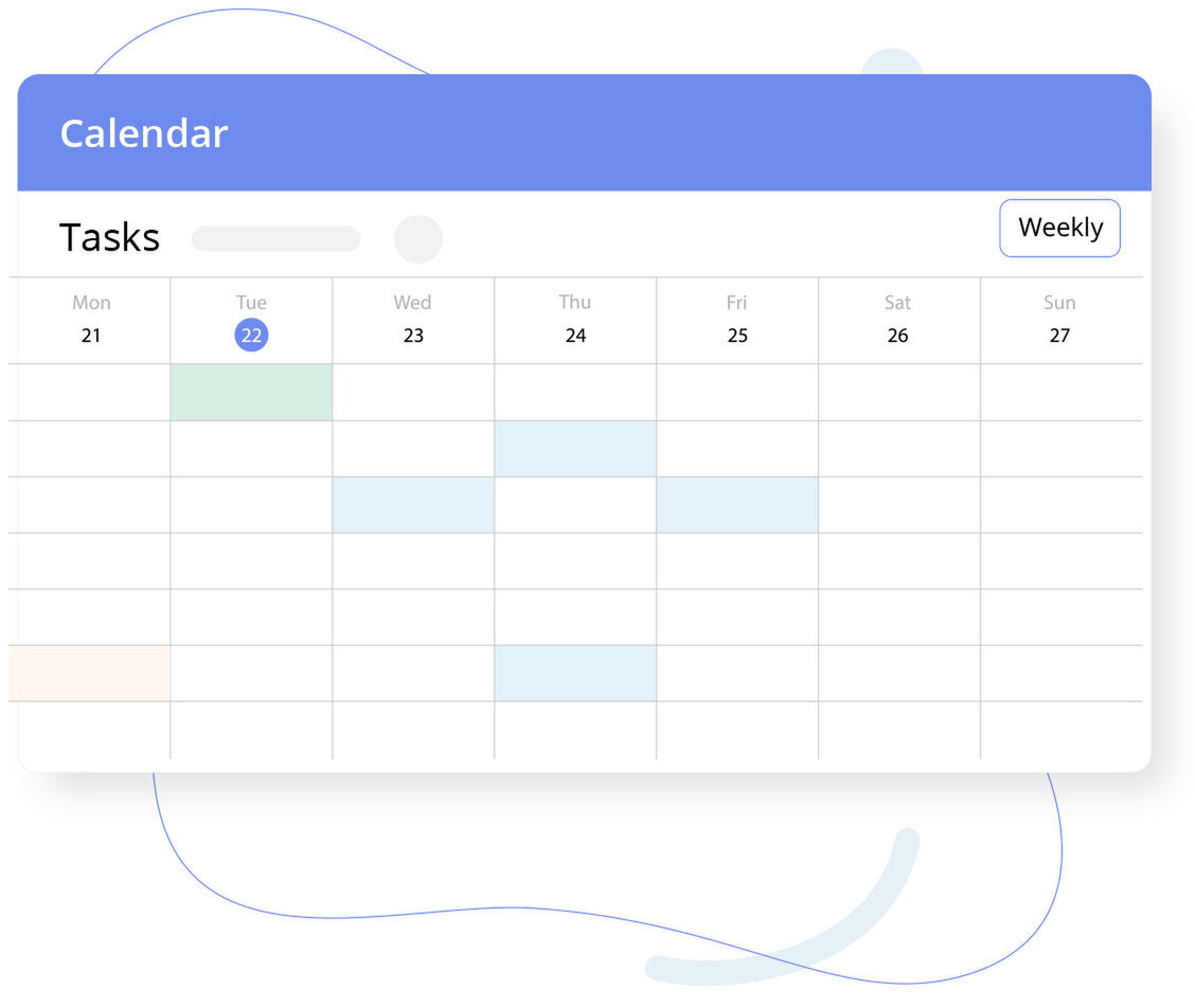 Minimal weekly calendar interface showing tasks scheduled across a Monday–Sunday grid with light pastel event blocks and a highlighted date 22 on Tuesday.