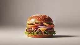 Close-up of a gourmet cheeseburger with sesame bun, lettuce, tomato, red onion rings, pickles, onion rings, cheddar cheese, and a juicy beef patty on a neutral background.