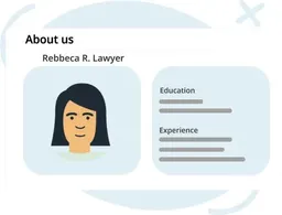 Minimalist profile card titled About us showing an illustrated female avatar and sections for Education and Experience with placeholder lines.