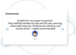 Testimonial card for a law firm featuring a short client review attributed to “Tom," with navigation arrows on both sides and a simple abstract blue background.