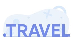 Minimalist illustration with the word ".TRAVEL" in large blue letters against a soft, abstract background. Light icons like paper planes, a plus sign, and leaf shapes float subtly in pale blue tones, conveying a calm, modern travel theme.