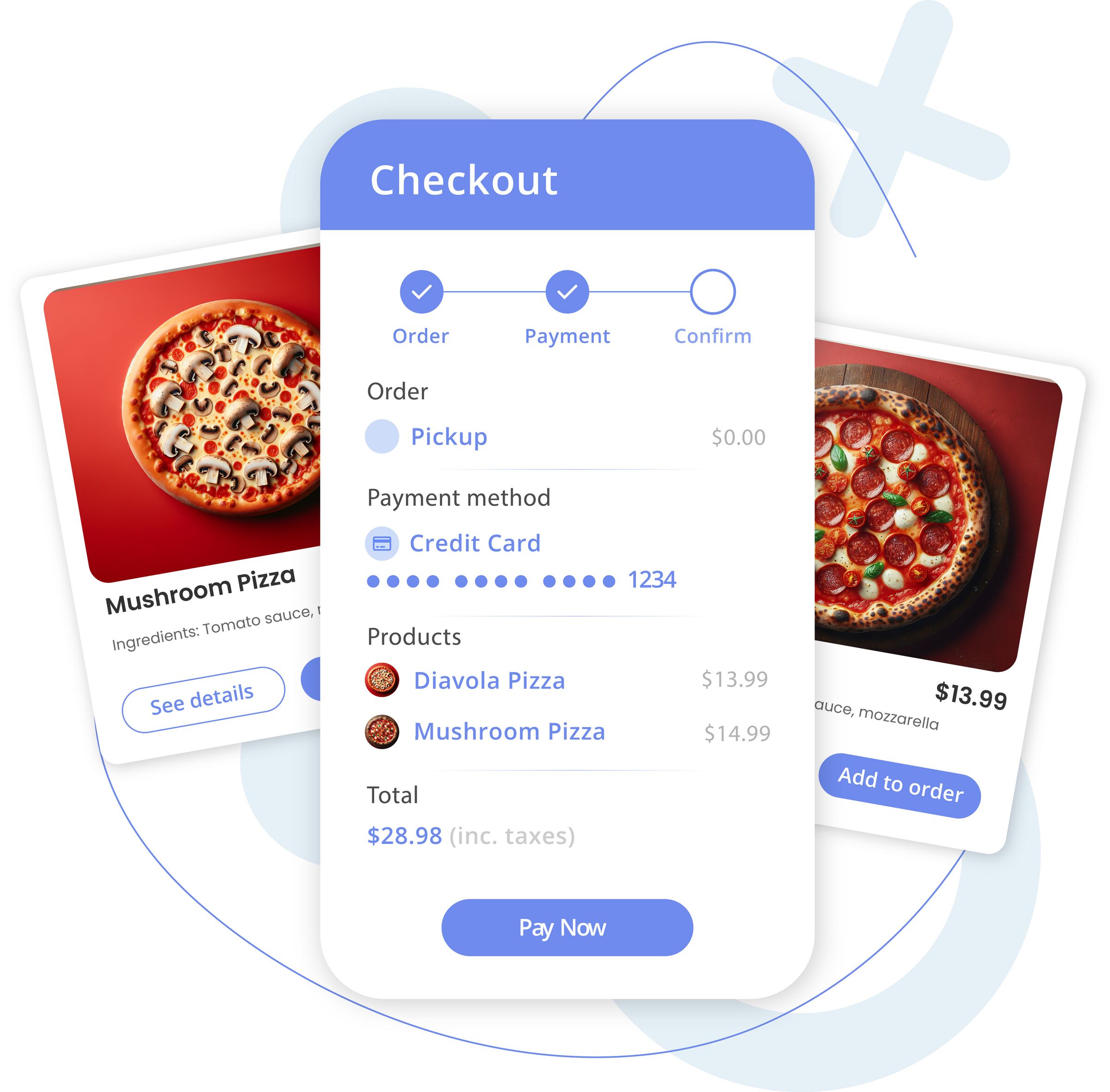 UI mockup of a pizza ordering checkout screen with product cards in the background.