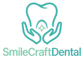 SmileCraft Dental logo with teal tooth, caring hands, and sparkle icon for a modern dentistry brand