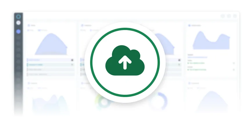 Cloud backup upload icon over a blurred analytics dashboard interface.