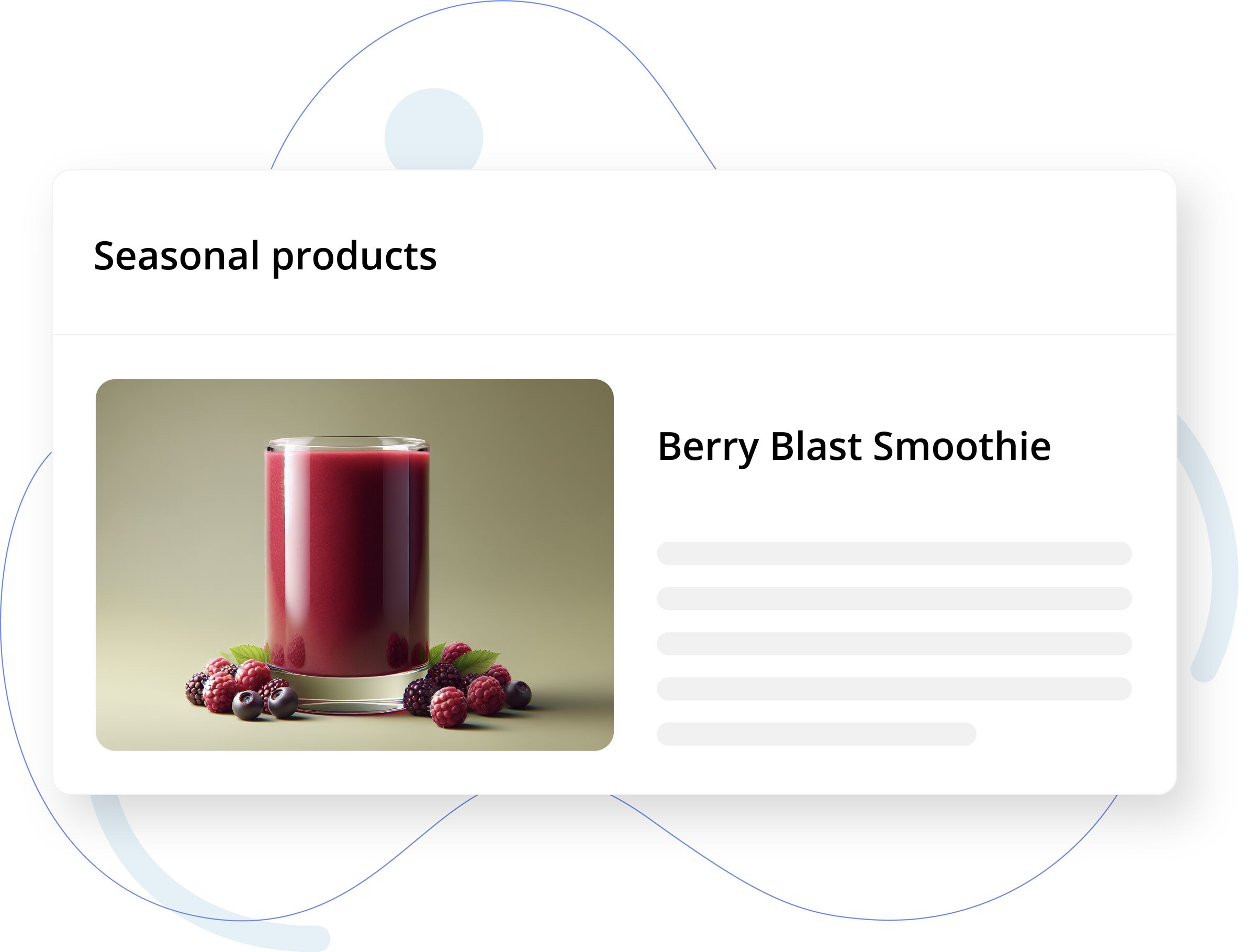 Card UI showcasing a seasonal product: a glass of deep red berry smoothie with raspberries, blackberries, and cherries on a light surface, titled Berry Blast Smoothie.