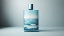 Minimalist perfume bottle featuring an ocean scene inside, with gentle waves, shoreline grass, and a small anchor icon at the horizon, set against a cool gray-blue background.
