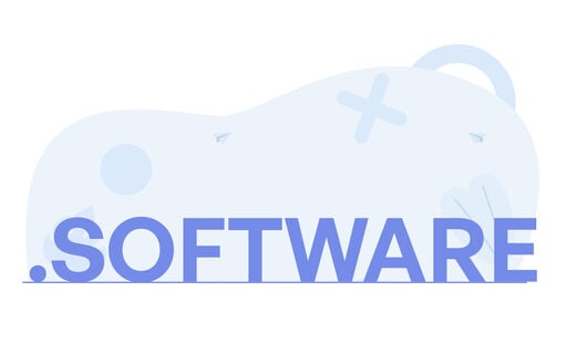 Minimalist illustration with the word .SOFTWARE in large blue letters across the bottom, set against a pale abstract background with soft shapes, crosses, circles, and small paper-plane icons.