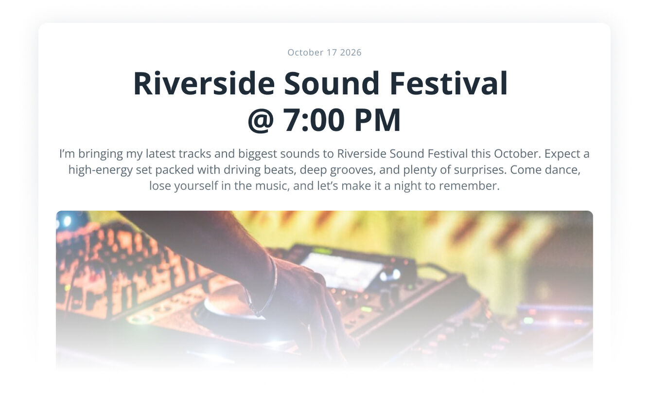 Music event flyer for Riverside Sound Festival in October, promoting a 7 PM show with a DJ mixing on stage