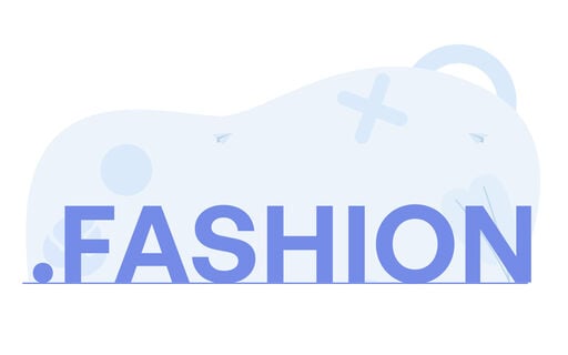 Large text reading ".FASHION" in bold blue letters over a light abstract background with simple shapes and soft gradients.