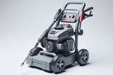 Portable pressure washer on wheels with hose and spray wand attached, shown against a light background.