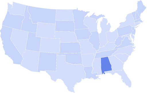 Map of the United States with Alabama highlighted in a darker blue color.