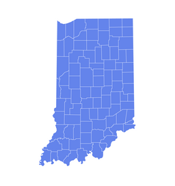 Blank blue map of Indiana showing all county boundaries on a white background.